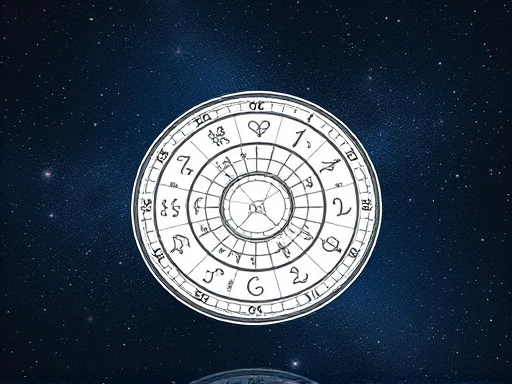 밤하늘의 별들이 반짝이는 신비로운 우주를 배경으로, 손으로 섬세하게 그려진 점성술 차트가 펼쳐진 모습