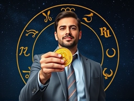 별자리가 빛나는 밤하늘 아래, 손에 황금 동전을 쥐고 있는 현대적인 사업가의 모습