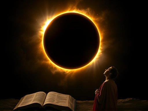 어두운 밤하늘에서 태양이 달에 의해 가려지는 일식의 모습