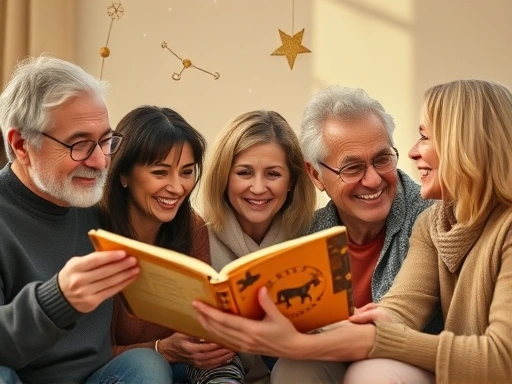 다양한 연령대의 사람들이 중년기의 삶의 전환점에서 별자리가 새겨진 책을 펼쳐 들고, 각자의 별자리 상징과 함께 사색에 잠겨 있는 모습