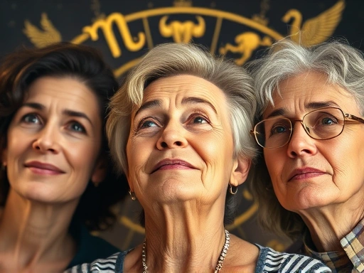 황도 12궁 별자리 심볼이 빛나는 배경에, 중년기 위기를 극복하는 사람들의 다양한 표정(열정, 평온, 통찰)이 클로즈업된 이미지