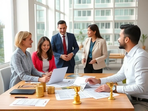 사무실에서 직장인들이 서로 존중하며 소통하는 모습