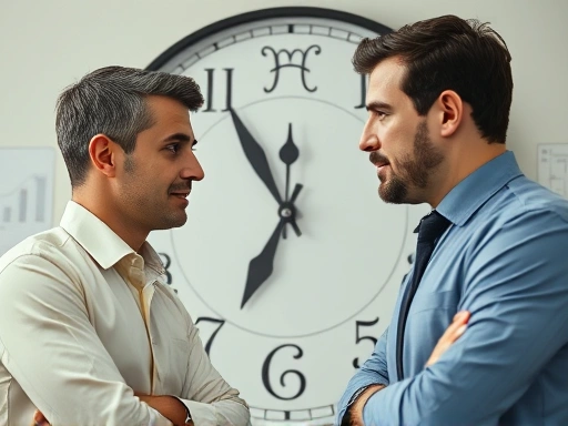 다양한 별자리 아이콘이 그려진 시계 앞에서 한 직장인이 상사와 진지하게 대화하고 있는 클로즈업 장면