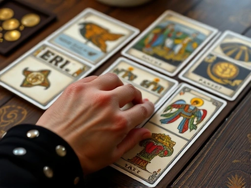 여러 장의 타로카드가 펼쳐진 테이블 위에서 한 손이 카드를 해석하는 듯한 클로즈업 장면
