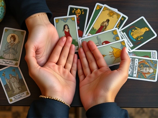 타로카드 스프레드와 함께 다양한 상징적 카드를 펼쳐놓고, 명확한 질문을 통해 심도 깊은 통찰을 얻는 전문가의 손을 클로즈업한 장면