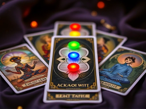 타로 카드가 챠크라 에너지 포지션에 맞게 배치되어 있고, 배경에는 은은한 빛이 나는 7가지 챠크라 색상이 보이는 미스틱하고 영적인 느낌의 클로즈업 이미지