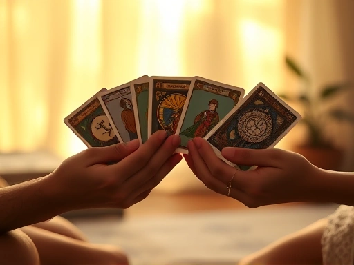 따뜻하고 부드러운 빛이 비추는 공간에서, 명상하는 듯한 손이 다양한 타로 카드들을 조심스럽게 들고 있는 모습