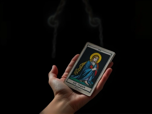 어두운 배경에 놓인 손이 타로 카드를 펼치고 있으며, 그 위로 끊어지는 사슬이나 낡은 습관을 상징하는 이미지