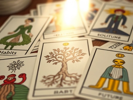 타로 카드 스프레드가 명확하게 보이는 클로즈업 샷.