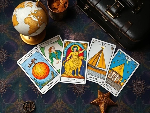 A high-angle shot of a beautiful tarot card spread specifically for travel fortune, featuring cards like the World, Chariot, and Star, with subtle travel icons like a globe and a suitcase nearby, on a...