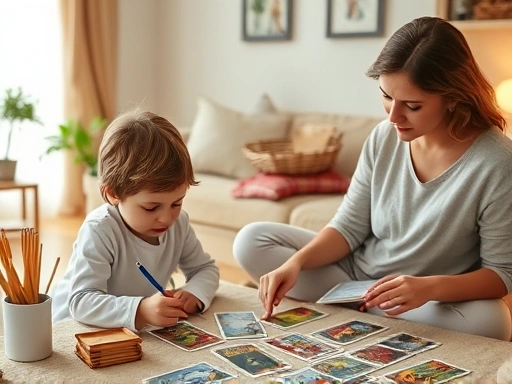 아이가 그림을 그리는 동안, 옆에서 엄마가 타로 카드를 펼쳐 놓고 진지하게 카드를 바라보며 육아 고민에 대한 통찰을 얻는 장면