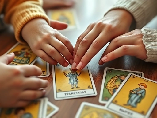 손 위에 타로 카드들이 펼쳐져 있고, 그 카드들 사이로 아이의 작은 손과 부모의 손이 서로 닿을 듯 말 듯한 구도로 클로즈업된 장면