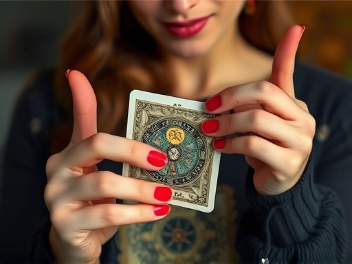 두 손으로 타로 카드를 조심스럽게 고르거나 점성술 차트를 살펴보는 모습