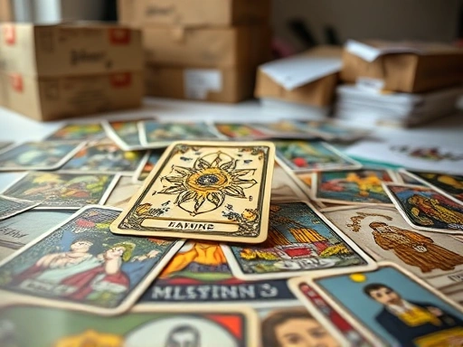다양한 타로 카드들이 테이블 위에 펼쳐져 있고, 그 주위에 이삿짐 박스와 서류가 희미하게 배경으로 보이는 이미지