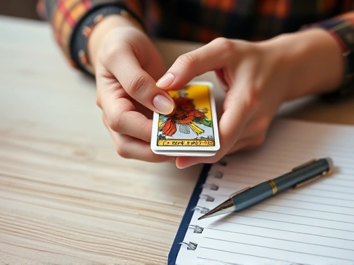 전문 타로 리더의 손이 여러 장의 타로 카드를 부드럽게 섞는 클로즈업 장면