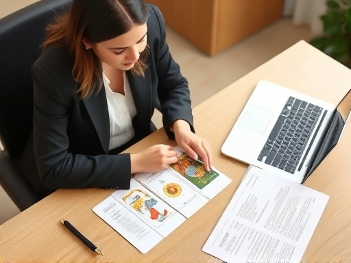 면접 복장을 한 여성이 책상에 앉아 타로 카드를 펼치고, 그 옆에는 이력서와 노트북이 놓여 있는 장면