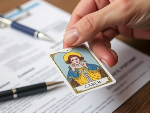 클로즈업 샷으로, 손가락이 타로 카드 배열 중 '직업 운'이나 '기회'를 나타내는 카드를 가리키고 있으며, 배경에는 흐릿하게 취업 관련 서류와 펜이 보이는 상세한 이미지