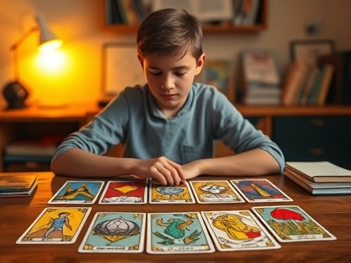 책상에 앉아 고민하는 학생 앞에 펼쳐진 타로 카드 스프레드와 따뜻한 조명, 학업과 진학에 대한 질문을 시각화한 타로카드 이미지