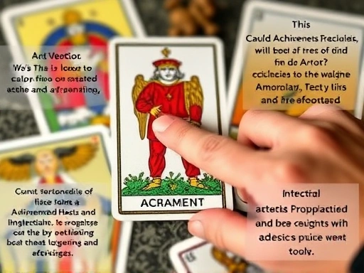 타로 리더의 손이 학업 성취와 진학 관련 카드를 가리키는 클로즈업 이미지