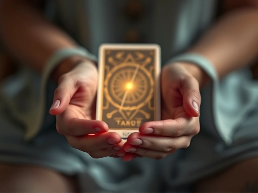 두 손이 타로 카드 한 장을 부드럽게 감싸 쥐고 있는 클로즈업 사진.