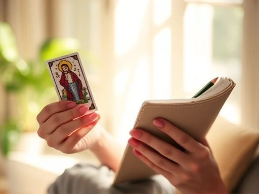 한 손으로 타로 카드와 연필, 그리고 일기장을 들고 있는 모습