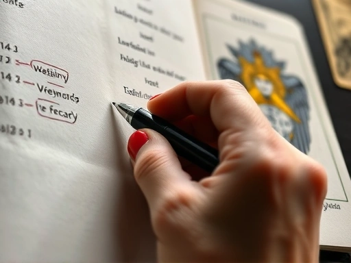 타로 저널에 펜으로 카드 그림과 핵심 키워드를 기록하는 손의 클로즈업.