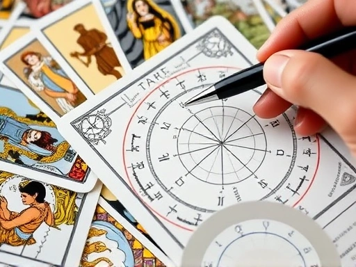 클로즈업된 타로 카드 스프레드와 점성술 출생 차트가 선명하게 보이는 손, 그 위로 조심스럽게 놓인 펜이 학습과 분석의 과정을 상징하며, 리딩 시 자주 하는 실수와 극복 방법을 섬세하게 묘사합니다.