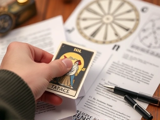 클로즈업된 손이 타로카드 한 장을 뽑는 순간, 주변에는 리딩 노트와 펜이 놓여 있고, 흐릿하게 보이는 점성술 차트 이미지