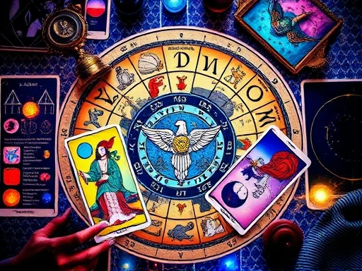 다채로운 타로 카드와 점성술 차트가 한데 어우러져 신비로운 빛을 내는 모습