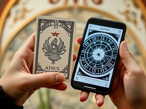 두 손 위에 놓인 타로 카드와 스마트폰 화면의 점성술 차트가 섬세하게 연결되어 있는 클로즈업 샷, 통합 리딩의 과정과 운세 심층 분석의 가능성을 보여주는 이미지