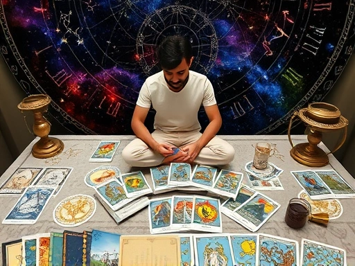 다양한 타로카드 덱과 점성술 차트가 펼쳐진 테이블 위에서 한 사람이 명상하며 카드를 뽑는 모습