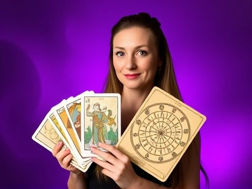 영롱한 빛이 감도는 보라색 배경 위에서 손에 타로 카드 덱과 점성술 차트를 들고 있는 모습