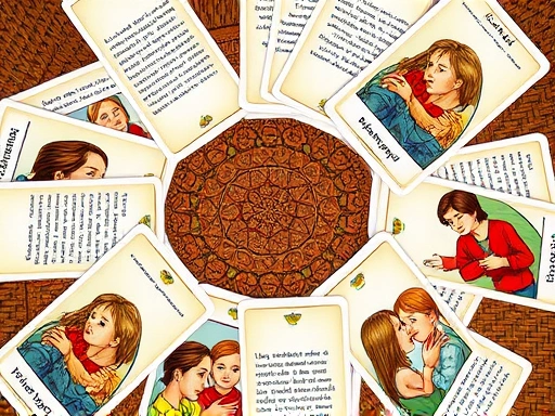 여러 개의 타로 카드가 원형으로 배열되어 있고, 각 카드에는 가족 구성원들이 서로 소통하며 이해하는 모습