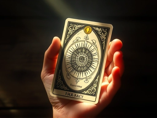 손 위에 놓인 타로 카드 중 한 장이 역방향으로 뒤집혀 있으며, 그 카드의 미묘한 의미와 복잡성을 나타내는 심오한 빛이 카드 주변에 감돌아 타로 카드 역방향 해석의 비밀을 시사합니다.