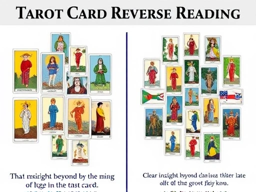 다양한 타로 카드들이 정방향과 역방향으로 배열되어 있는 모습