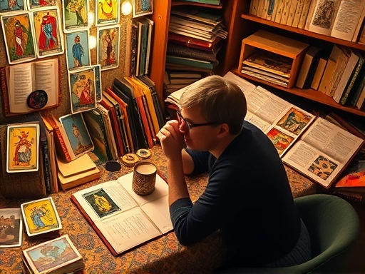 다채로운 타로카드 스프레드와 카드 일지, 노트가 펼쳐진 학습 공간에서 한 사람이 차분하게 타로카드를 연구하는 장면
