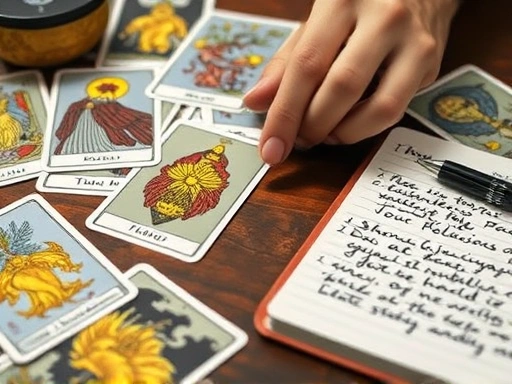 여러 장의 타로카드가 테이블 위에 펼쳐져 있고, 한 손이 특정 카드를 가리키며 그 의미를 깊이 생각하는 클로즈업.