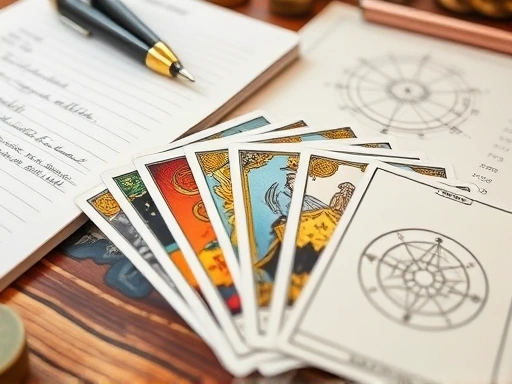 정확한 타로 카드 리딩을 위해 여러 장의 카드가 펼쳐져 있고, 옆에는 점성술 차트가 그려진 노트북이 놓여 있는 클로즈업 장면