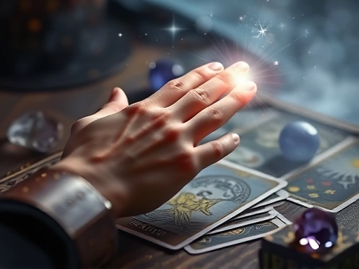 타로 카드가 펼쳐진 테이블 위에 손이 놓여 있고, 손가락 끝에서 빛이 나는 신비로운 분위기