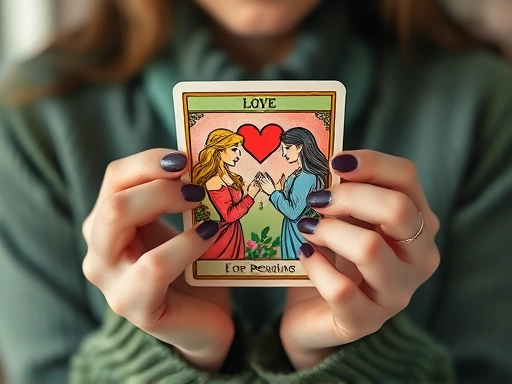 두 손으로 타로 카드 한 장을 조심스럽게 들고 있는 클로즈업 사진, 카드에는 사랑과 관계를 상징하는 이미지