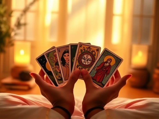 따뜻하고 부드러운 빛이 비추는 공간에서, 명상하는 듯한 손이 다양한 타로 카드들을 조심스럽게 들고 있는 모습