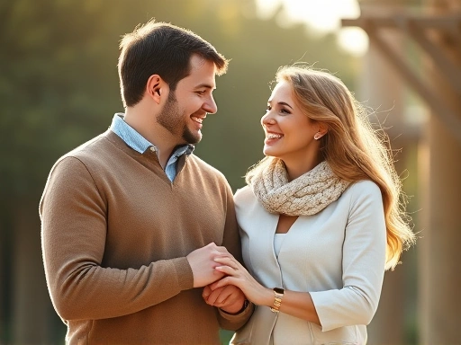 연애와 궁합, 결혼운을 상징하는 두 남녀가 서로를 바라보며 환하게 웃는 모습