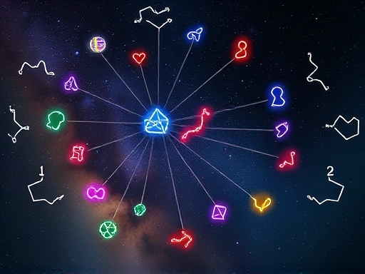 별자리 심볼들이 아름답게 배열되어 있고, 각 심볼 사이로 유연하게 연결된 끈이나 빛이 다채로운 관계의 흐름을 나타냅니다.