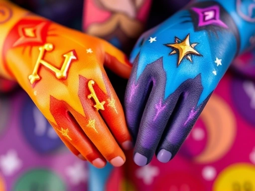 다채로운 색상의 별자리 심볼들이 손을 잡거나 서로에게 기대어 있는 클로즈업 이미지