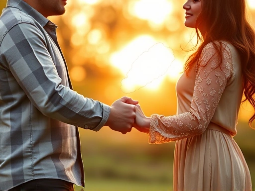 서로를 존중하고 사랑하는 연인이 손을 맞잡고 미래를 함께 그려나가는 따뜻하고 희망찬 장면