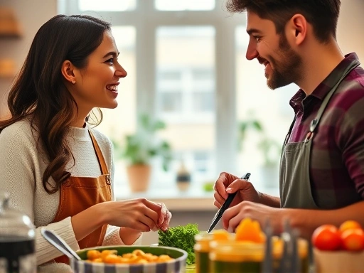 아늑한 실내에서 서로를 마주 보며 따뜻하게 웃는 행복한 커플이 함께 식사를 준비하는 장면