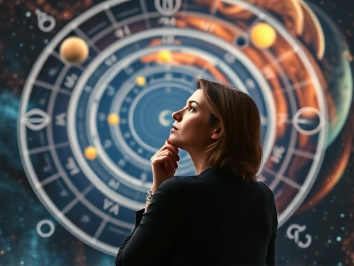 한 여성이 복잡한 별자리 지도와 회귀하는 행성들의 궤도를 보며 깊은 생각에 잠겨있는 모습