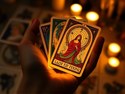 손 위에 놓인 아름다운 타로 카드들이 빛나고 있으며, 그 배경으로는 헤어진 연인의 사진이 흐릿하게 보인다.