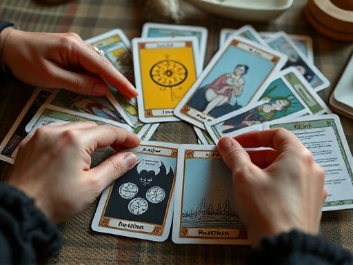 두 손으로 조심스럽게 펼쳐진 타로 스프레드가 클로즈업되어 있으며, 각 카드들이 재회에 대한 깊은 의미를 전달한다.