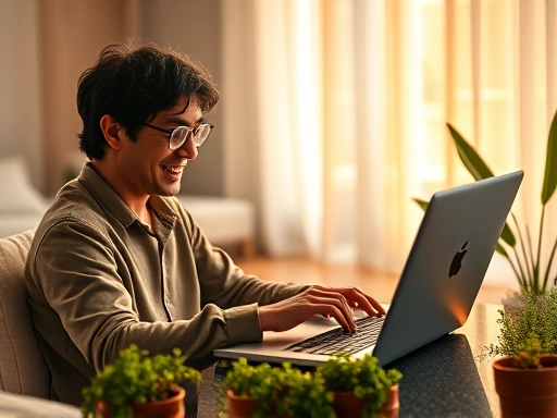 개인이 노트북으로 온라인 공유 경제 플랫폼에 접속하여 재능을 나누고 긍정적인 표정을 짓는 장면